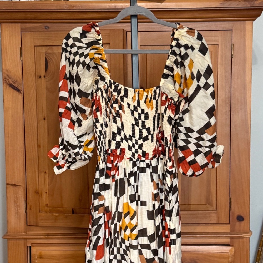Finicky Filly Maxi Dress Geometric Checkered Smocked Puff Sleeve Multicolor Med